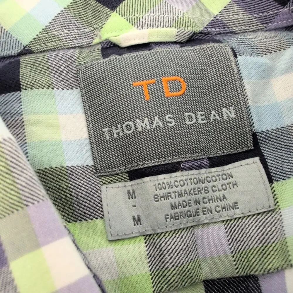 Thomas Dean Men's Short Sleeve Button-Down Shirt Medium‎ Blue Green Collared